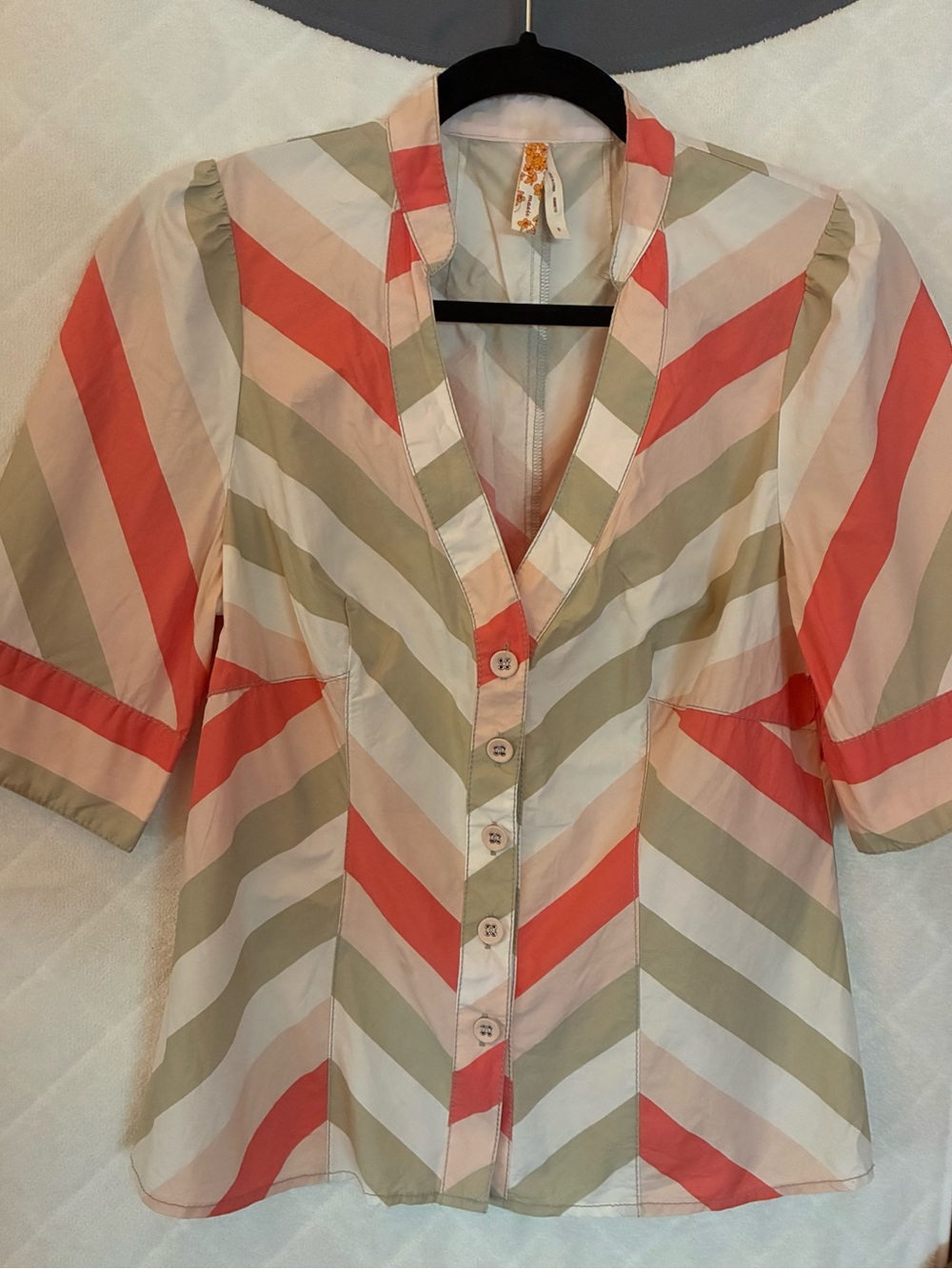 Maeve Striped Button-Front Blouse in Coral, Cream & Sage